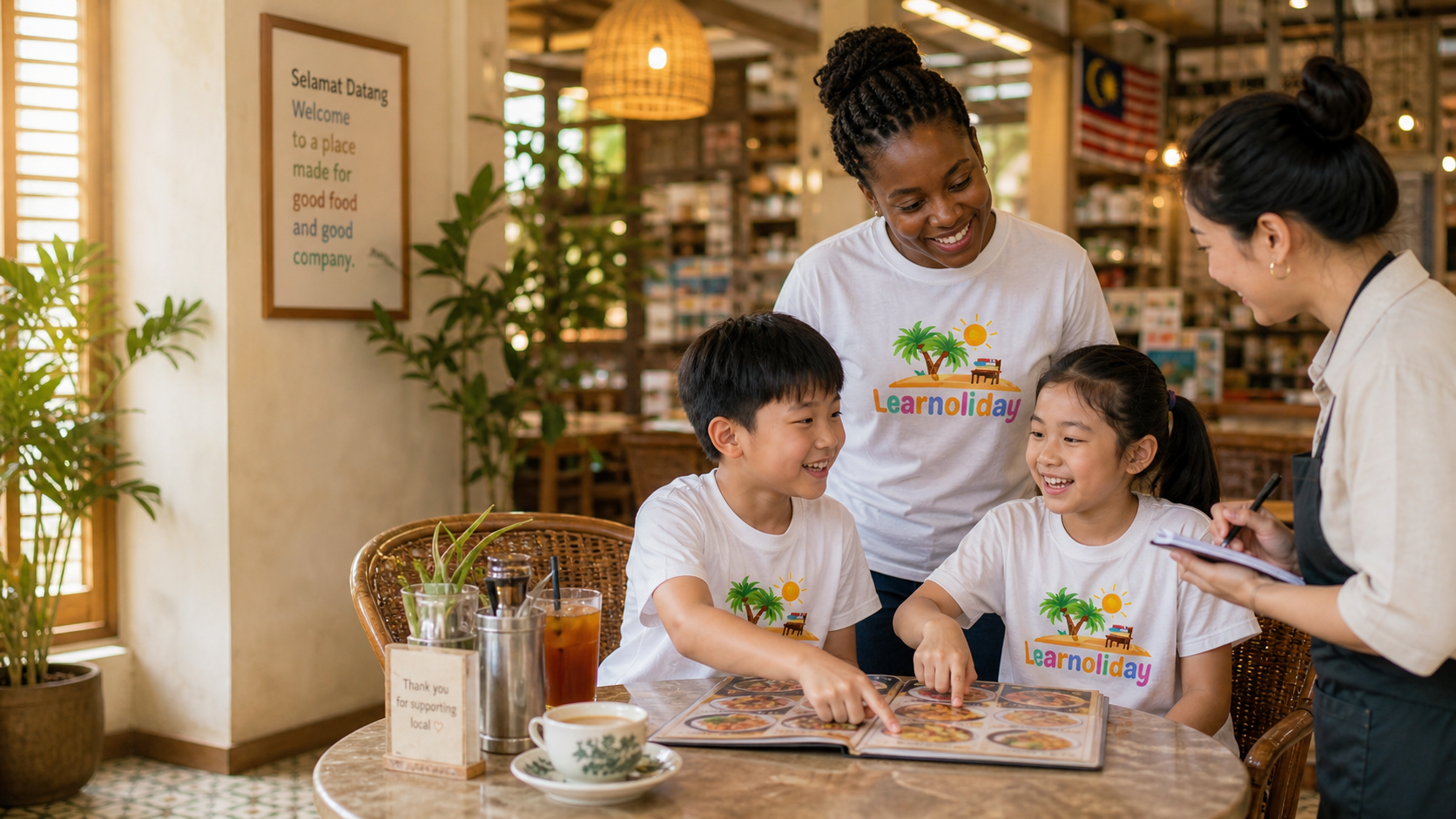A Learnoliday teacher guiding two young students through a worksheet at a sunlit cafe table