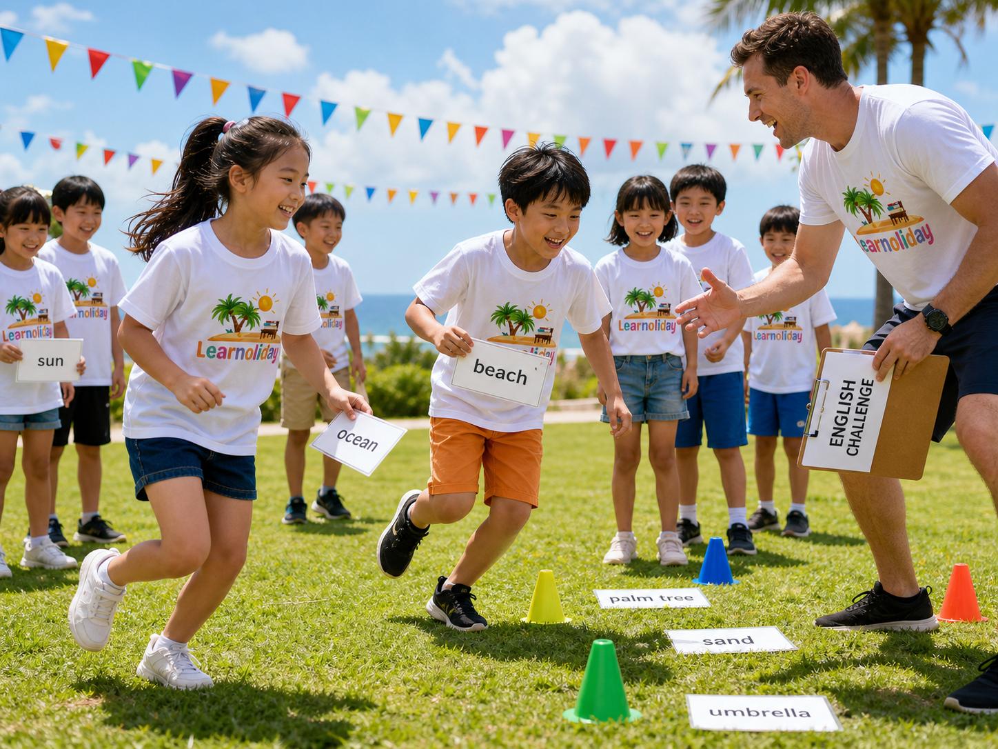 Children running an outdoor vocabulary challenge with their teacher