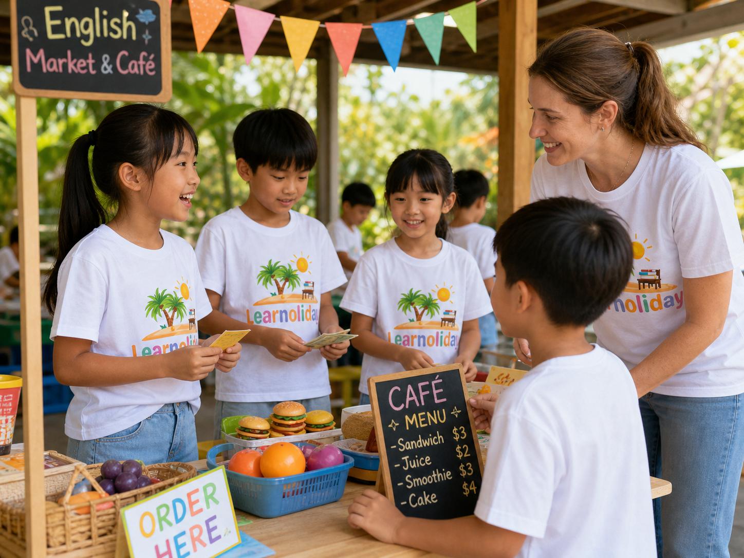 Children practicing English through a market and cafe role play activity