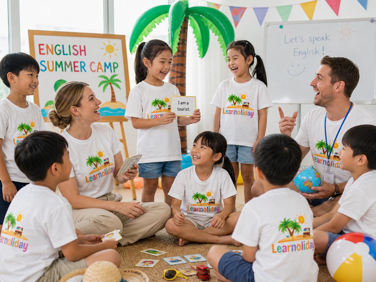 Children practicing spoken English in a small group classroom activity