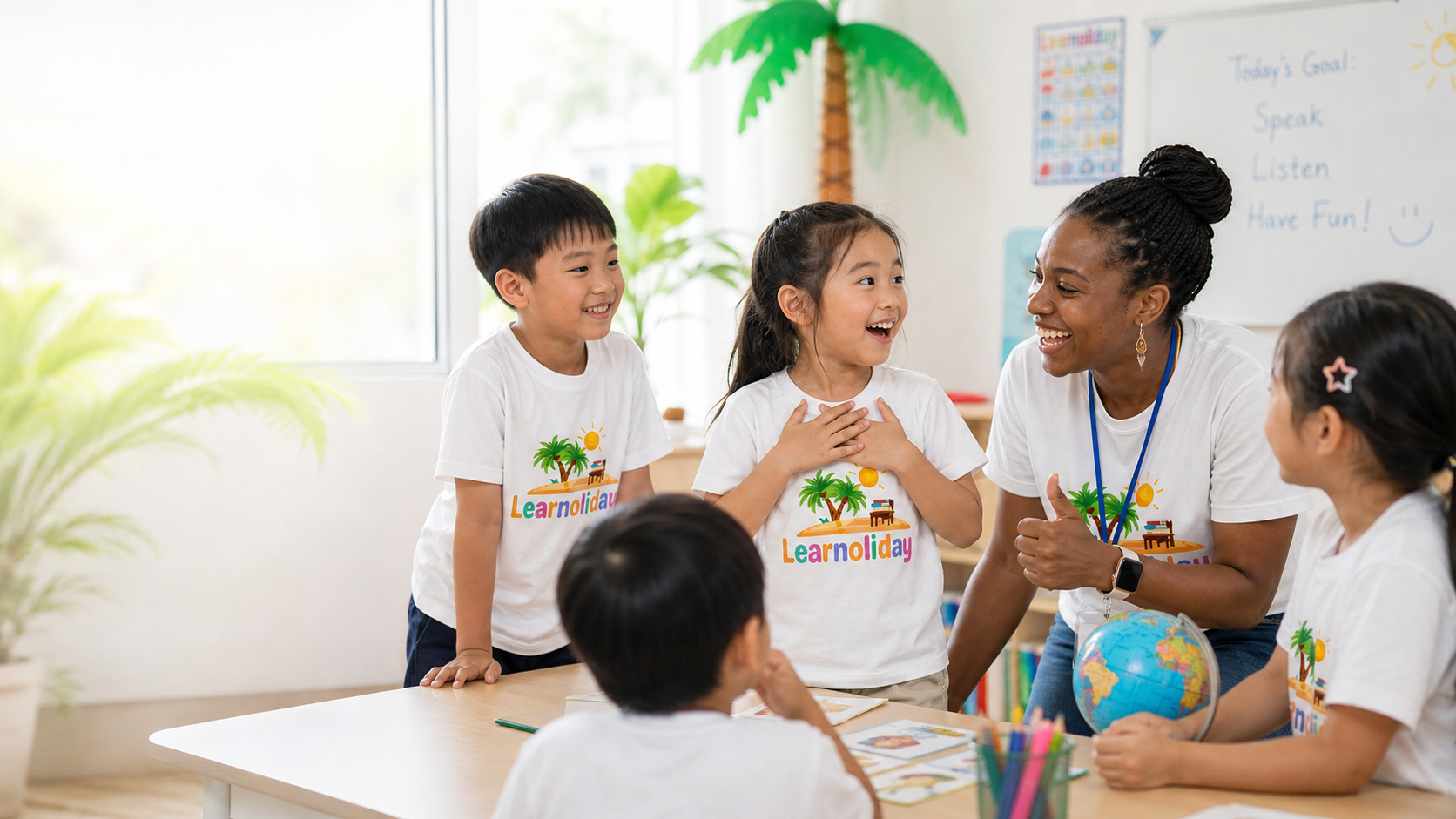 A Learnoliday teacher and three children laughing in front of a whiteboard reading 'Today's Goal: Speak, Listen, Have Fun!'